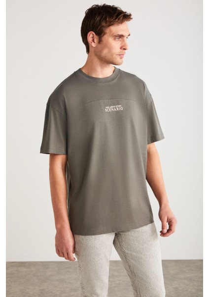 Lorenzo Erkek Özel Dokulu Kumaşlı %100 Pamuk Düğme Detaylı Regular Gri T-shirt