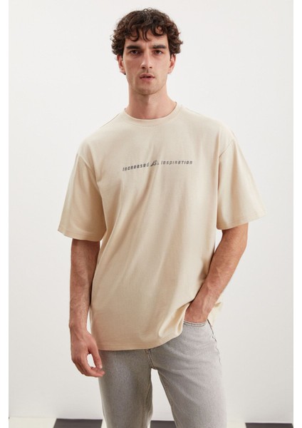 Manfred Erkek Regular Fit Recycle Cotton Bej T-Shirt modelleri