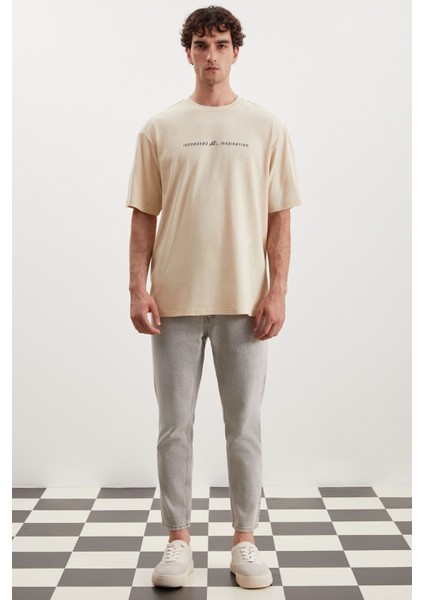Manfred Erkek Regular Fit Recycle Cotton Bej T-Shirt fırsatları