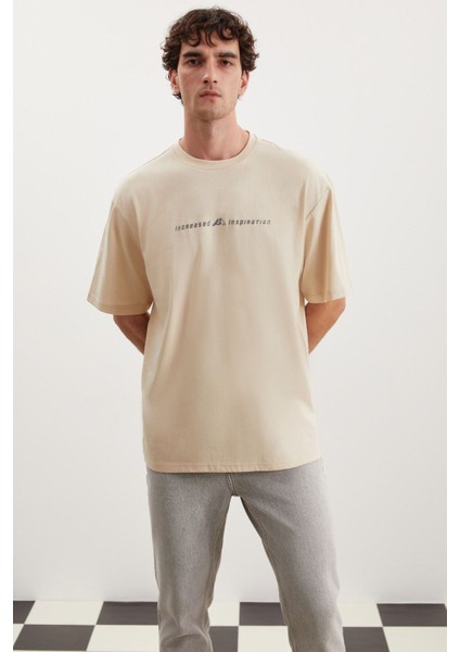 Manfred Erkek Regular Fit Recycle Cotton Bej T-Shirt