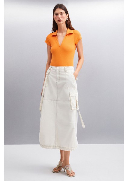 Luıgına Kadın Organik Pamuklu Fitilli Esnek Kumaşlı Alttan Çıtçıtlı Polo Yaka Turuncu Bluz fiyatları