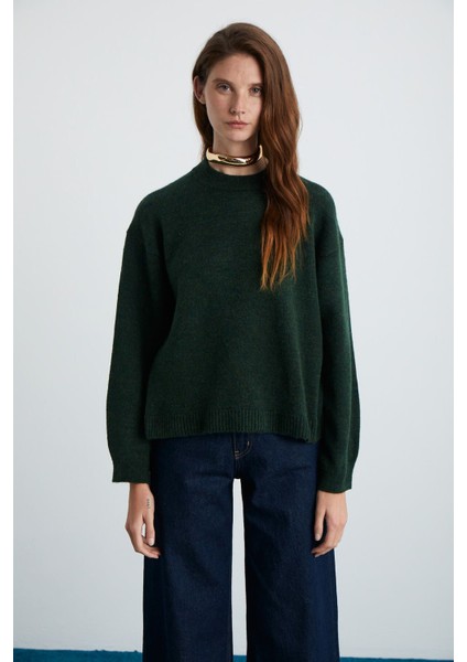 Nanna Kadın Akrilik-Polyester Yuvarlak Yaka Oversize Triko Koyu Yeşil Kazak