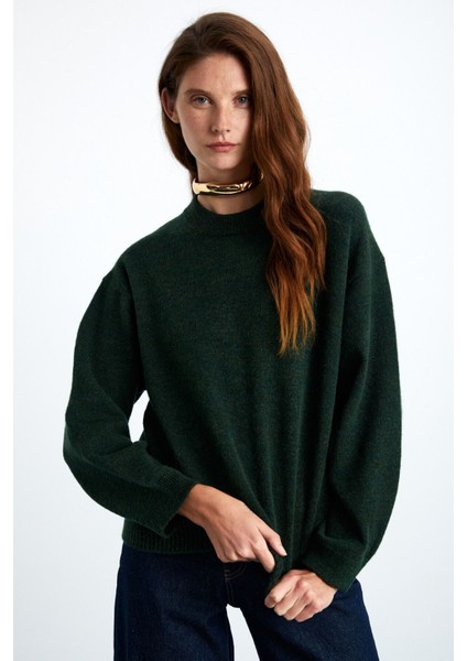 Nanna Kadın Akrilik-Polyester Yuvarlak Yaka Oversize Triko Koyu Yeşil Kazak fırsatları