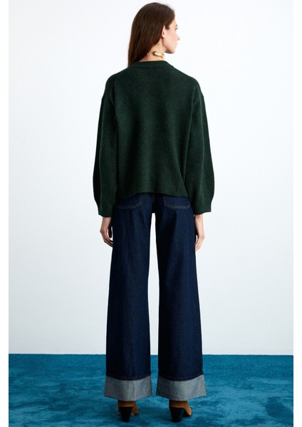 Nanna Kadın Akrilik-Polyester Yuvarlak Yaka Oversize Triko Koyu Yeşil Kazak