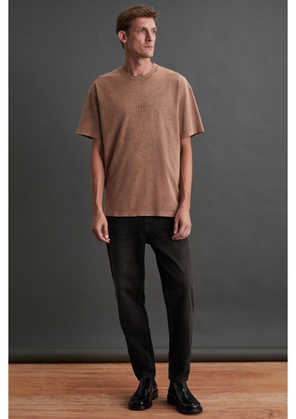 Louıs Erkek %100 Organik Pamuklu Yıkama Efektli Nakış Işlemeli Relaxed Vizon T-shirt indirimleri