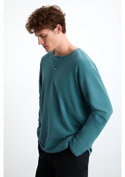 Lorenzo Erkek Özel Rustik Dokulu %100 Organik Pamuk Düğme Detaylı Regular Yeşil Sweatshirt modelleri