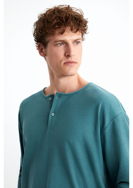 Lorenzo Erkek Özel Rustik Dokulu %100 Organik Pamuk Düğme Detaylı Regular Yeşil Sweatshirt