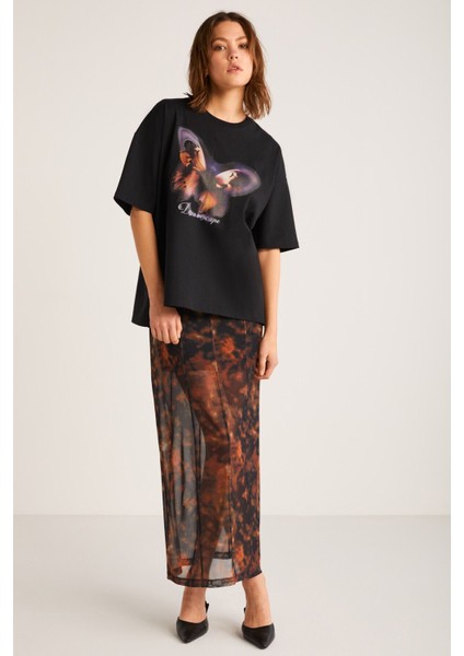Maddıa Kadın Kelebek Baskılı Kısa Kollu Siyah T-shirt modelleri