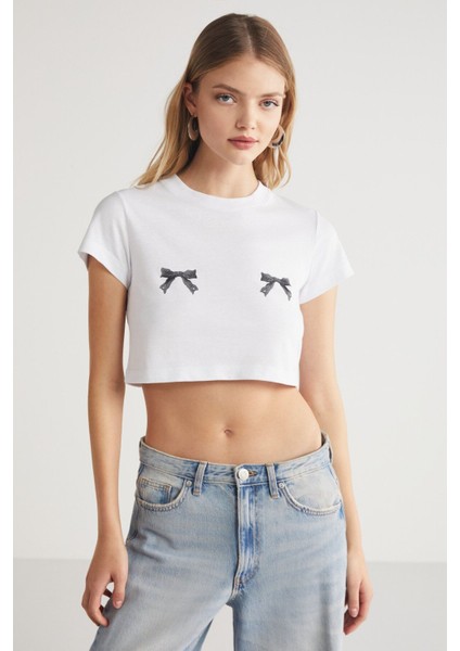Krım Bisiklet Yaka %100 Pamuk Parça Baskılı Kısa Kollu Crop Beyaz T-Shirt