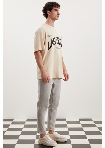 Norıs Erkek Regular Fit Pamuk Baskılı Bej T-shirt