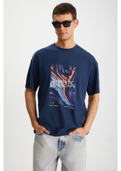 Landscape Erkek %100 Organik Pamuklu Baskı Detaylı Kalın Dokulu Oversive Lacivert T-shirt
