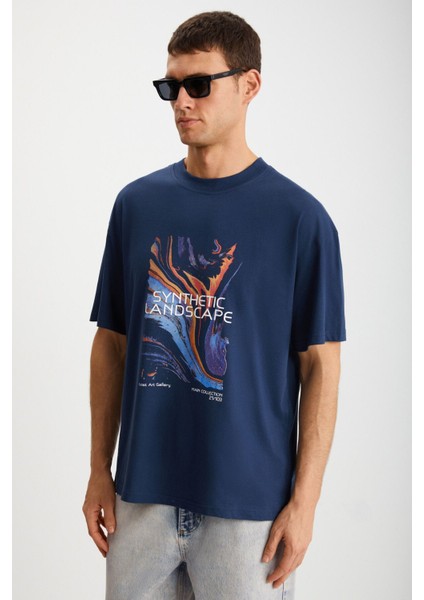 Landscape Erkek %100 Organik Pamuklu Baskı Detaylı Kalın Dokulu Oversive Lacivert T-shirt fiyatları