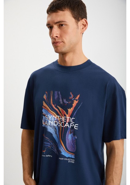 Landscape Erkek %100 Organik Pamuklu Baskı Detaylı Kalın Dokulu Oversive Lacivert T-shirt modelleri