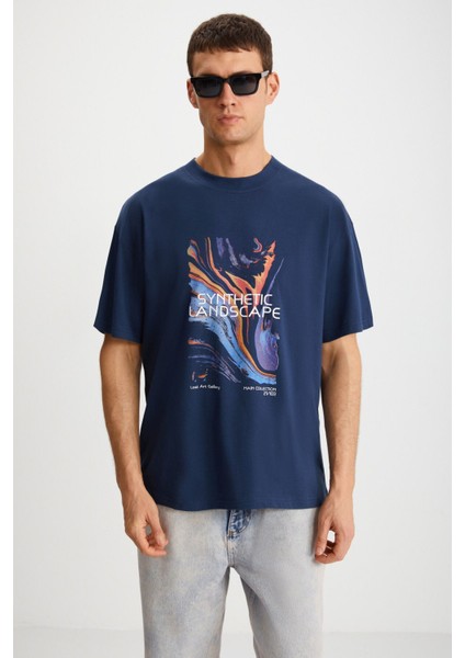 Landscape Erkek %100 Organik Pamuklu Baskı Detaylı Kalın Dokulu Oversive Lacivert T-shirt fırsatları