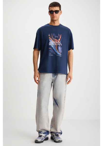 Landscape Erkek %100 Organik Pamuklu Baskı Detaylı Kalın Dokulu Oversive Lacivert T-shirt indirimleri