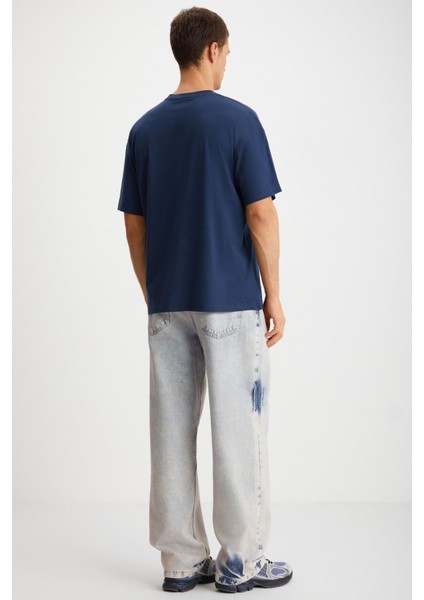 Landscape Erkek %100 Organik Pamuklu Baskı Detaylı Kalın Dokulu Oversive Lacivert T-shirt