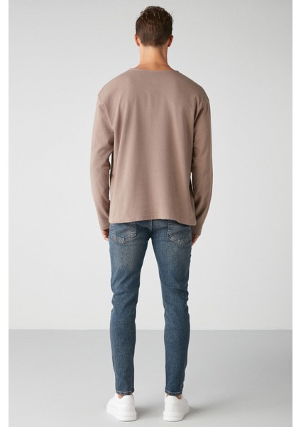 Lorenzo Erkek Özel Dokulu Kumaşlı %100 Pamuk Düğme Detaylı Regular Vizon Sweatshirt