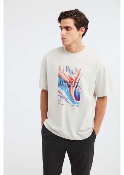 Landscape Erkek %100 Organik Pamuklu Baskı Detaylı Kalın Dokulu Oversive Taş Rengi T-shirt