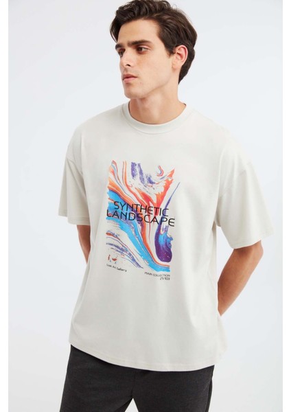 Landscape Erkek %100 Organik Pamuklu Baskı Detaylı Kalın Dokulu Oversive Taş Rengi T-shirt fiyatları
