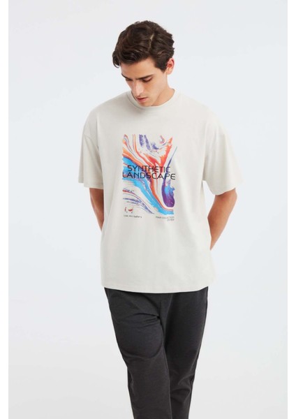 Landscape Erkek %100 Organik Pamuklu Baskı Detaylı Kalın Dokulu Oversive Taş Rengi T-shirt fırsatları