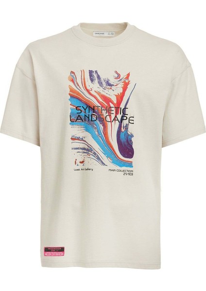 Landscape Erkek %100 Organik Pamuklu Baskı Detaylı Kalın Dokulu Oversive Taş Rengi T-shirt