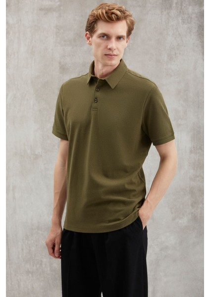 Eddıe Erkek Slim Fit %100 Pamuk Haki Polo Yaka T-Shirt