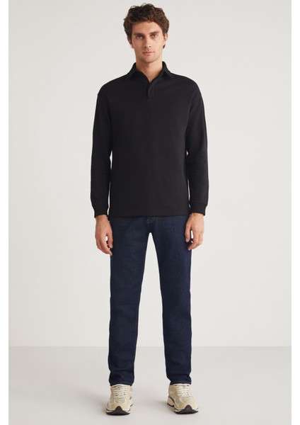 JOHN Erkek Polo Sweat Gömlek Yakalı Arkası Uzun Yırtmaçlı Diagonel Kumaşlı Siyah Sweatshirt modelleri