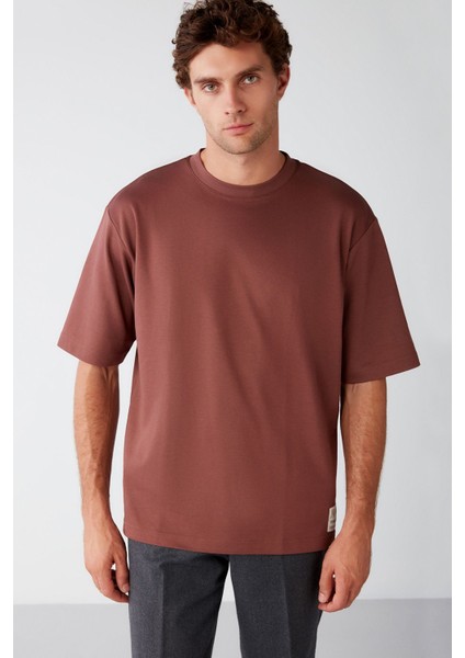 Joel Erkek %100 Organik Pamuklu Kalın Kumaşlı Özel Dokulu Etiket Detaylı Oversize Bordo T-shirt