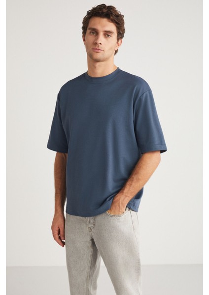 Joel Erkek %100 Organik Pamuklu Kalın Kumaşlı Özel Dokulu Etiket Detaylı Oversize Indıgo T-shirt