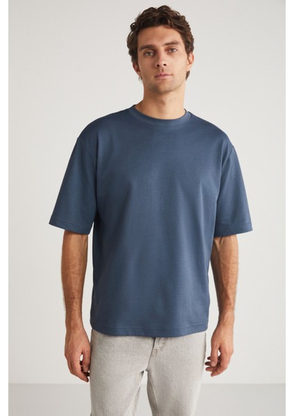 Joel Erkek %100 Organik Pamuklu Kalın Kumaşlı Özel Dokulu Etiket Detaylı Oversize Indıgo T-shirt