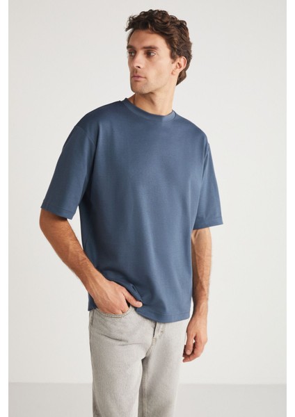 Joel Erkek %100 Organik Pamuklu Kalın Kumaşlı Özel Dokulu Etiket Detaylı Oversize Indıgo T-shirt