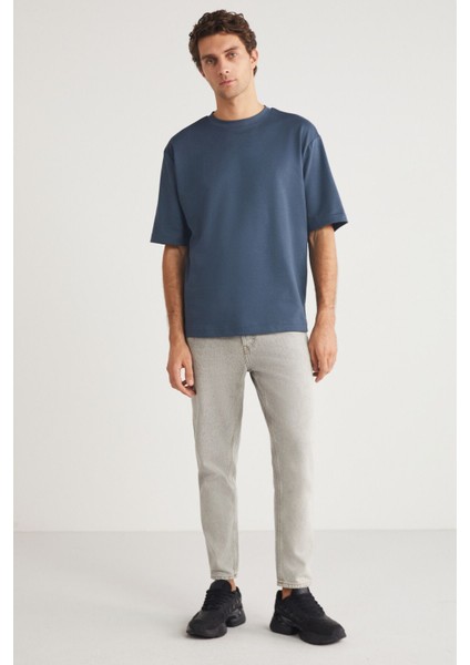 Joel Erkek %100 Organik Pamuklu Kalın Kumaşlı Özel Dokulu Etiket Detaylı Oversize Indıgo T-shirt