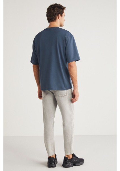 Joel Erkek %100 Organik Pamuklu Kalın Kumaşlı Özel Dokulu Etiket Detaylı Oversize Indıgo T-shirt