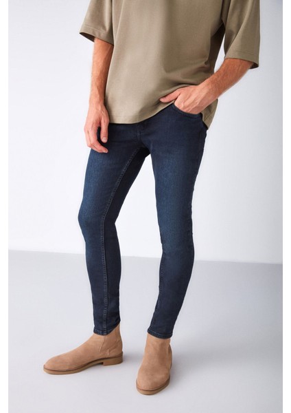 Johen Erkek Skinny Fit Yıpratmalı Esnek Yapılı Kalın Dokulu Denim Lacivert Jeans