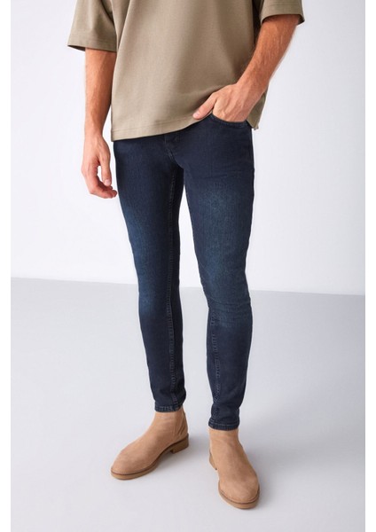 Johen Erkek Skinny Fit Yıpratmalı Esnek Yapılı Kalın Dokulu Denim Lacivert Jeans