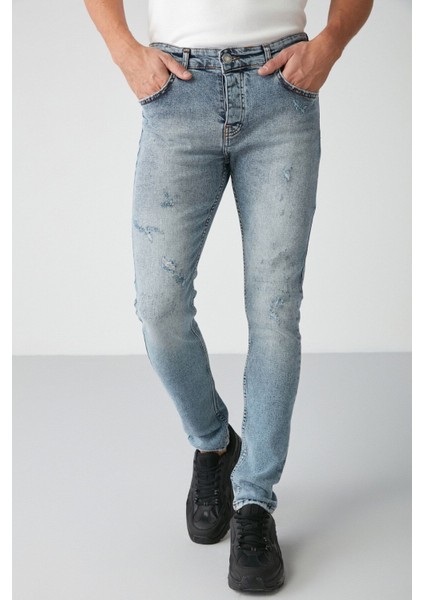 Johen Erkek Skinny Fit Yıpratmalı Esnek Yapılı Kalın Dokulu Denim Açık Mavi Jeans