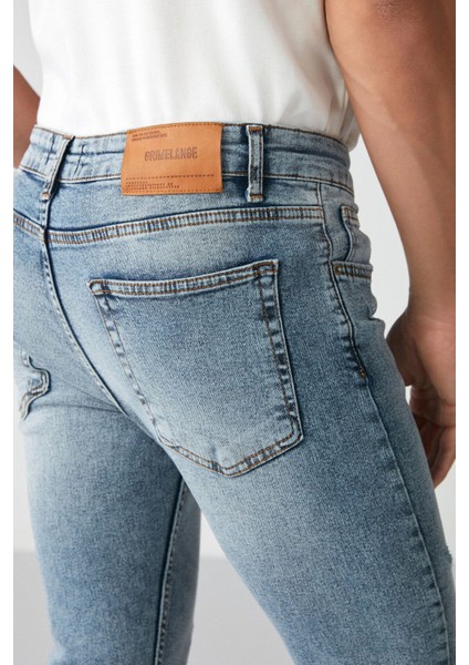 Johen Erkek Skinny Fit Yıpratmalı Esnek Yapılı Kalın Dokulu Denim Açık Mavi Jeans