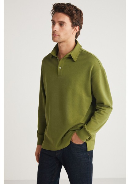 JOHN Erkek Polo Sweat Gömlek Yakalı Arkası Uzun Yırtmaçlı Diagonel Kumaşlı Haki Sweatshirt