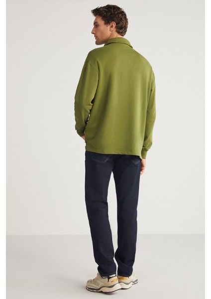 JOHN Erkek Polo Sweat Gömlek Yakalı Arkası Uzun Yırtmaçlı Diagonel Kumaşlı Haki Sweatshirt