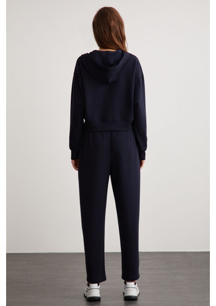 Jıll Kadın Relaxed Fit Rahat Kalıp Kapüşonlu Fermuarlı Örme Crop Lacivert Sweatshirt
