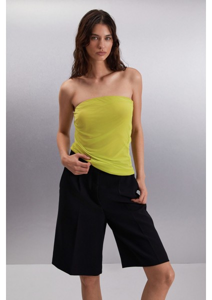 Jovanka Kadın Çift Kat Tül Mesh Straplez Lime Bluz fırsatları