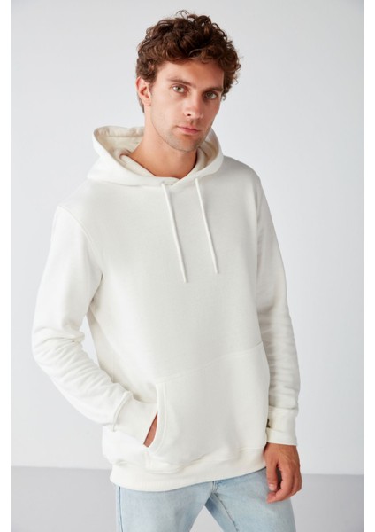 Jorge Erkek Yumuşacık Kapüşonlu Organik Pamuk Kanguru Cepli Regular Ekru Sweatshirt