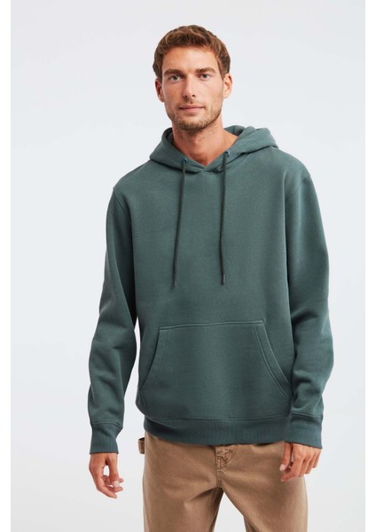 Jorge Erkek Yumuşacık Kapüşonlu Organik Pamuk Kanguru Cepli Regular Yeşil Sweatshirt