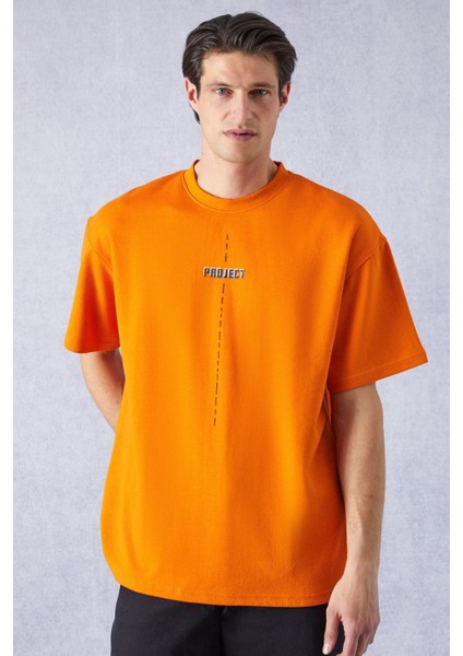 Project Erkek Baskı Detaylı Oversize Fit Pamuk Örme Bisiklet Yaka Örme Turuncu T-Shirt