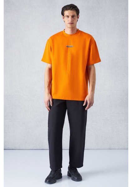 Project Erkek Baskı Detaylı Oversize Fit Pamuk Örme Bisiklet Yaka Örme Turuncu T-Shirt