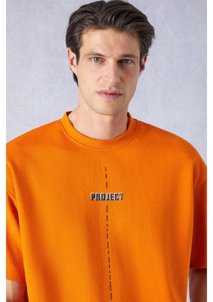 Project Erkek Baskı Detaylı Oversize Fit Pamuk Örme Bisiklet Yaka Örme Turuncu T-Shirt