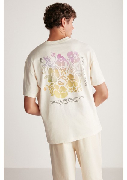 PHILLIP Erkek Oversize Fit %100 Pamuk Kalın Dokulu Baskılı Vanilya T-Shirt