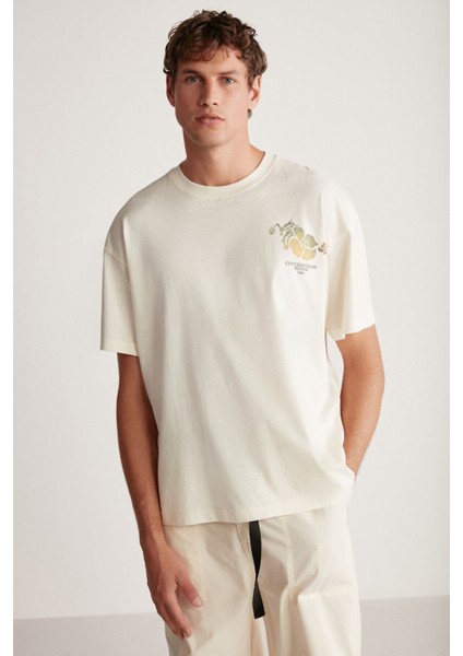 PHILLIP Erkek Oversize Fit %100 Pamuk Kalın Dokulu Baskılı Vanilya T-Shirt fiyatları