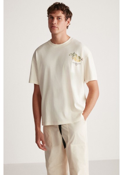PHILLIP Erkek Oversize Fit %100 Pamuk Kalın Dokulu Baskılı Vanilya T-Shirt modelleri