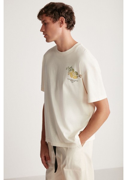 PHILLIP Erkek Oversize Fit %100 Pamuk Kalın Dokulu Baskılı Vanilya T-Shirt fırsatları
